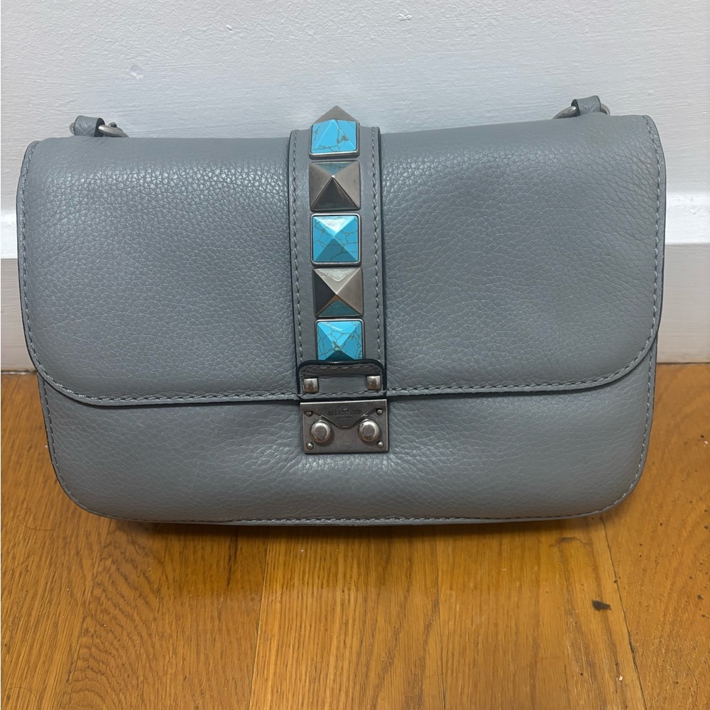 Valentino Glam Lock Rolling Rockstud Gray Leather Turquoise Stud Shoulder Bag